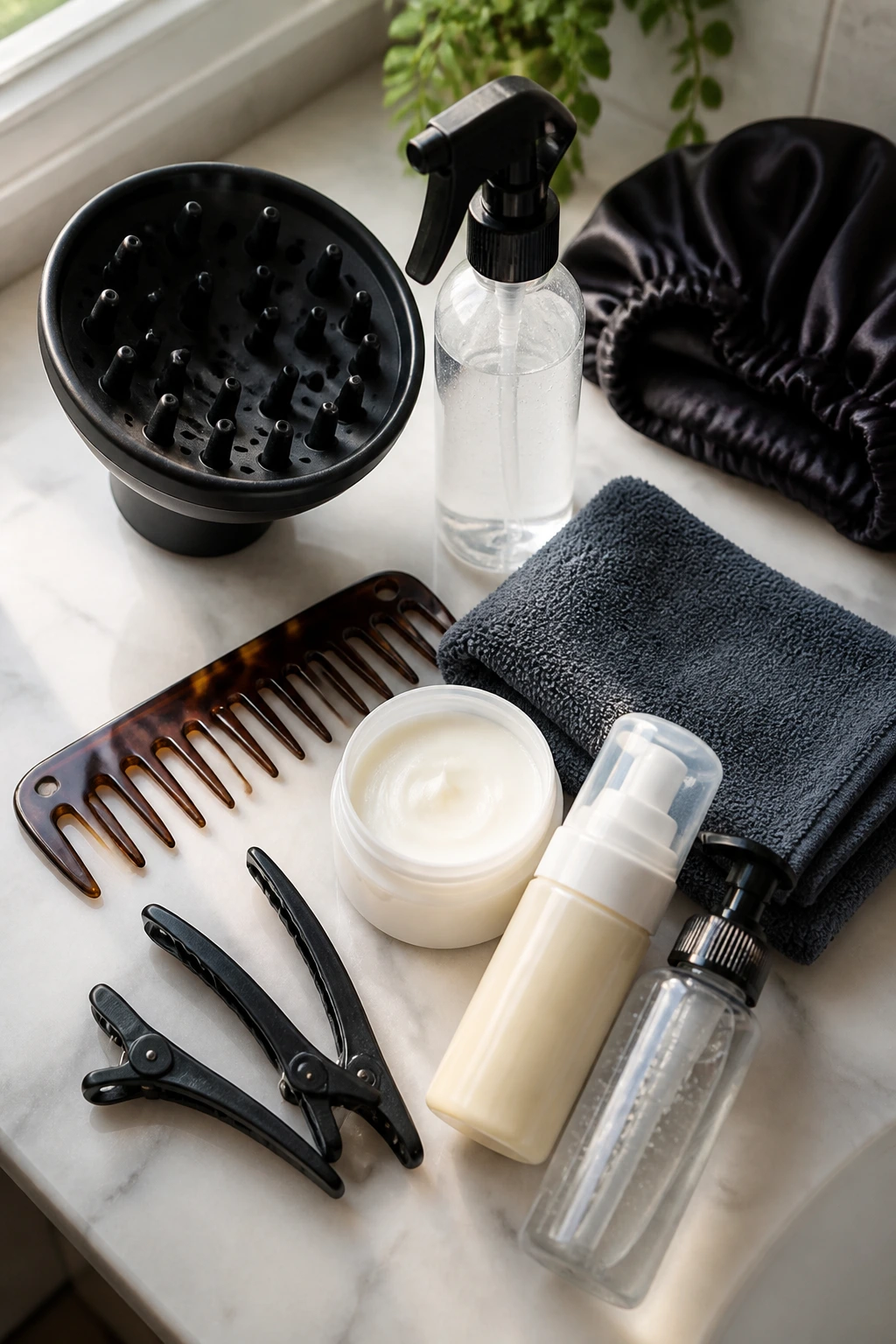 Close-up of styling tools for curly pixie wolf cuts on a bathroom counter