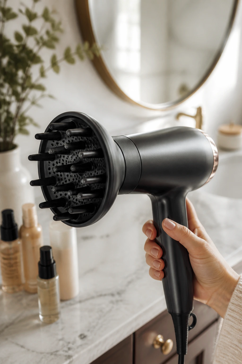 Close-up of a hand holding a diffuser-attached blow dryer in a bright bathroom