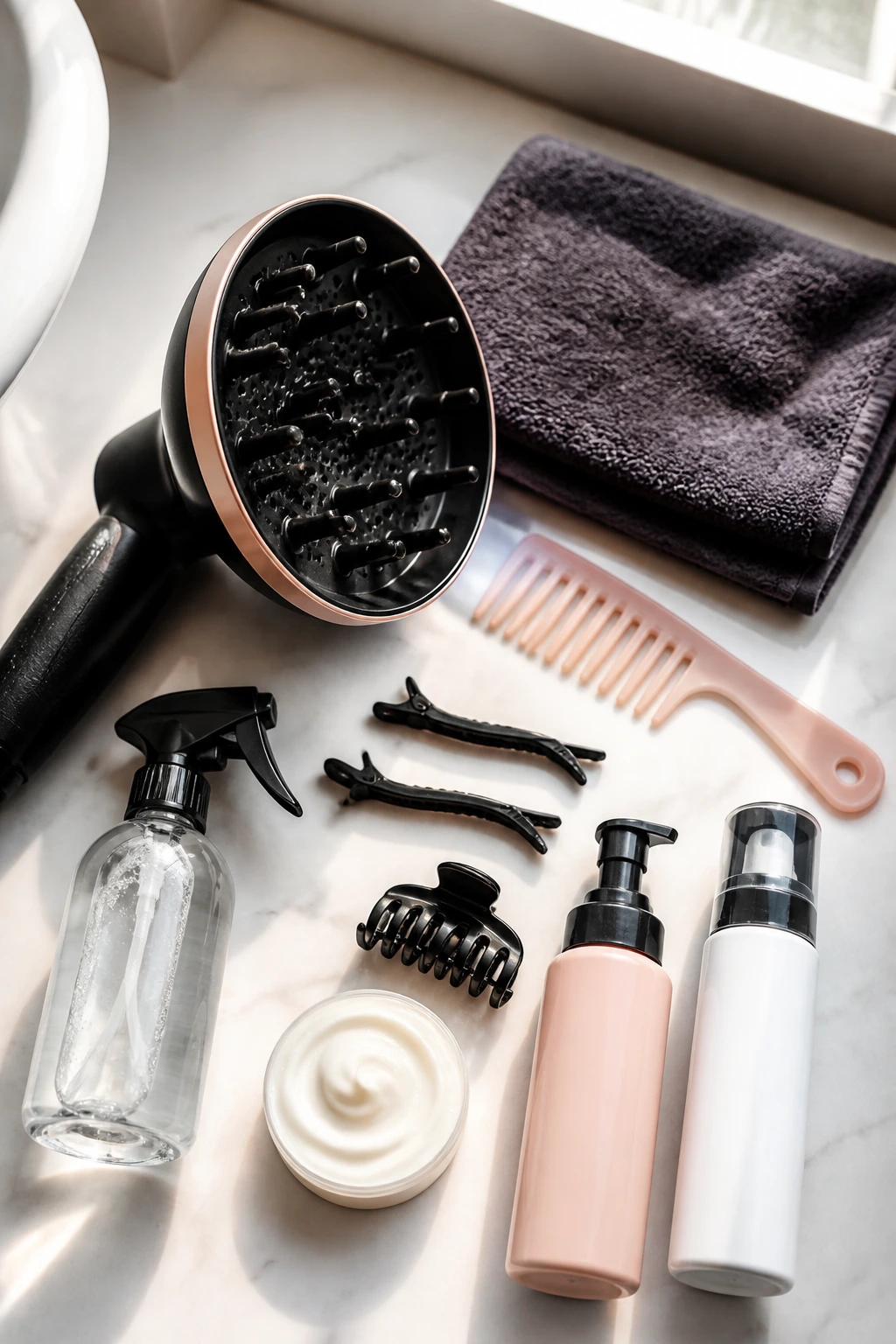 Top-down view of curling styling tools arranged on a bathroom counter