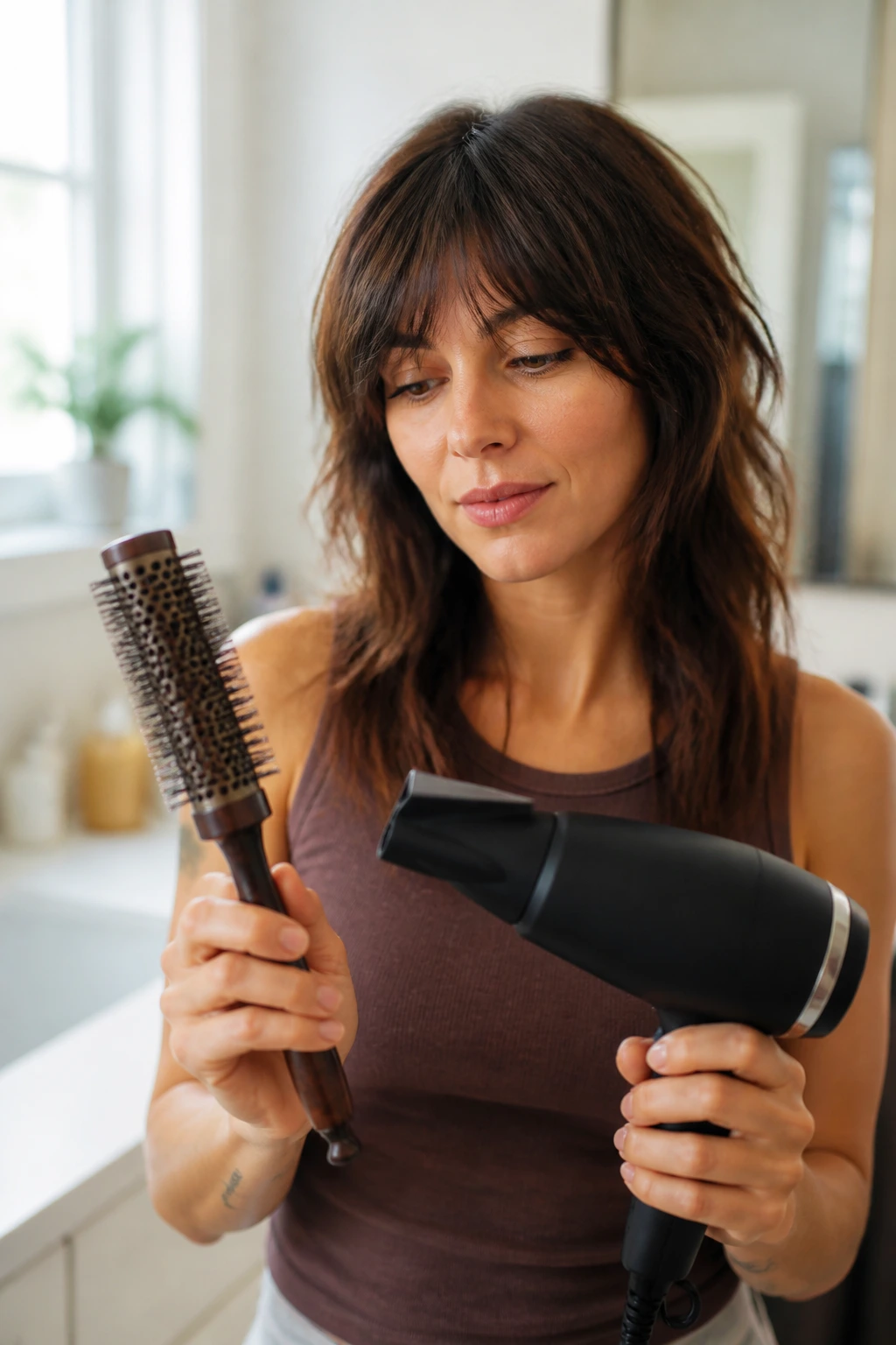Close-up of a person using styling tools (round brush and hair dryer) in a bathroom vanity setting.