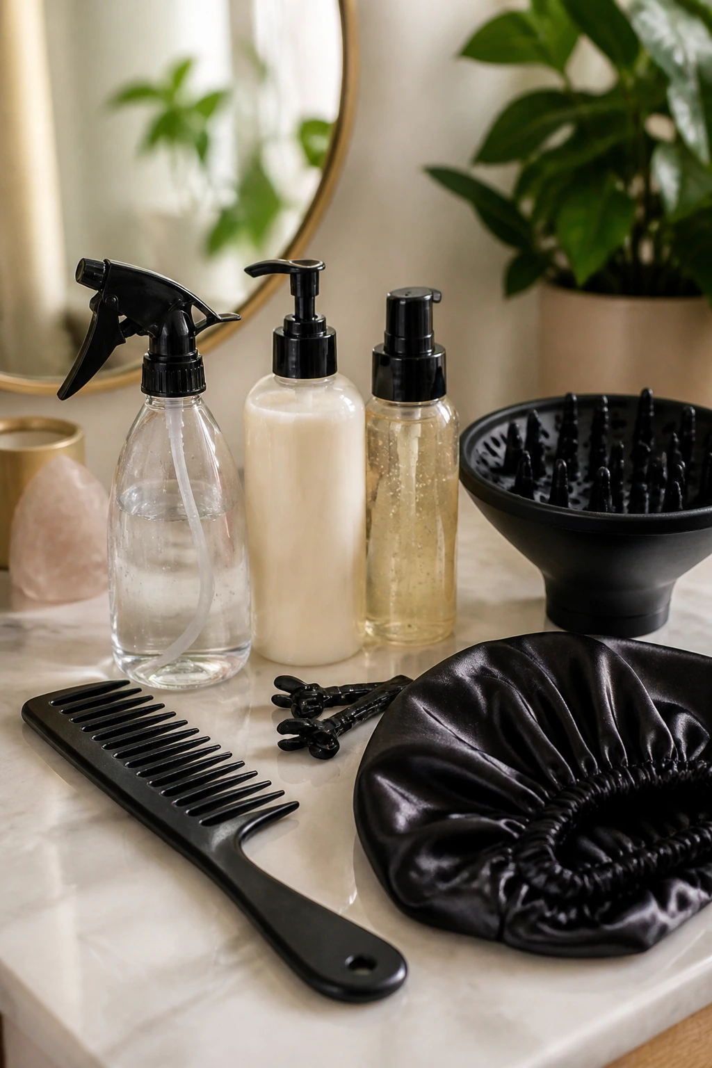 Close-up of essential styling tools arranged on a vanity.