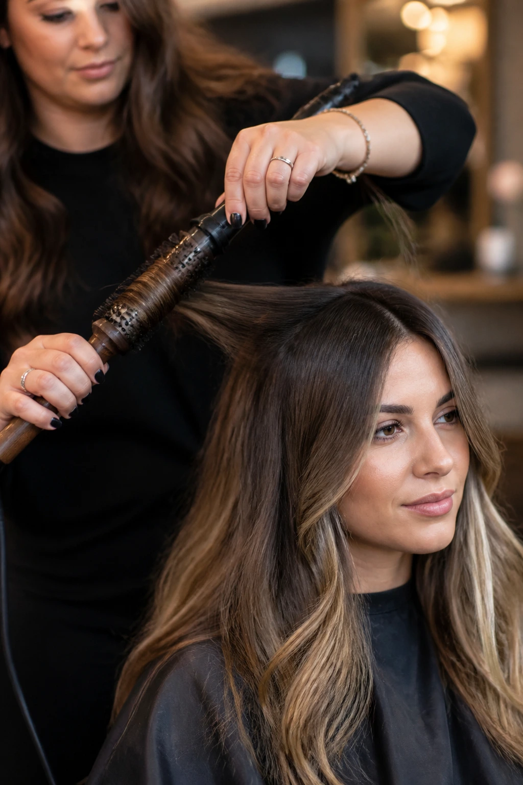 Stylist using curling iron and brush on a real client's hair in a salon