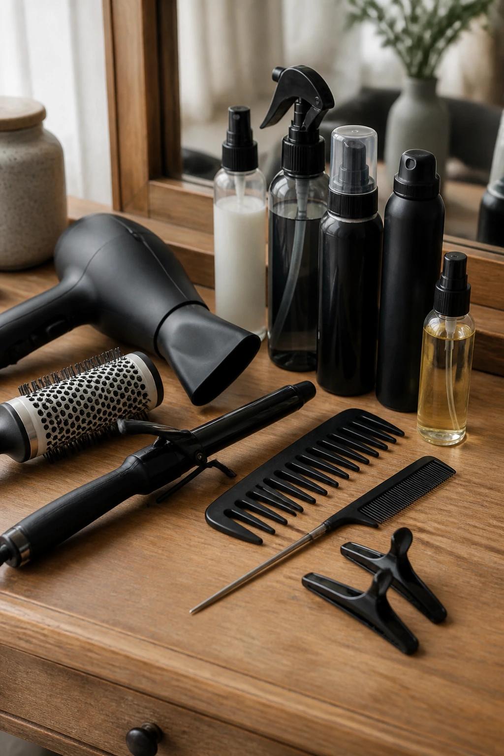 Close-up of styling tools arranged on a clean surface