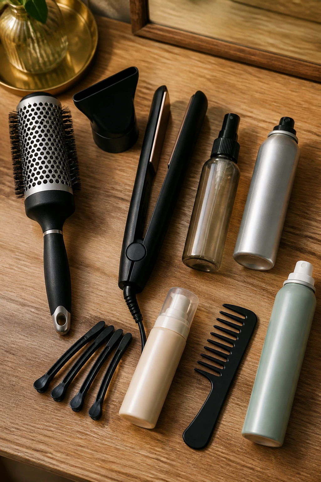 Top-down view of essential hair styling tools for medium-length hair with side bangs
