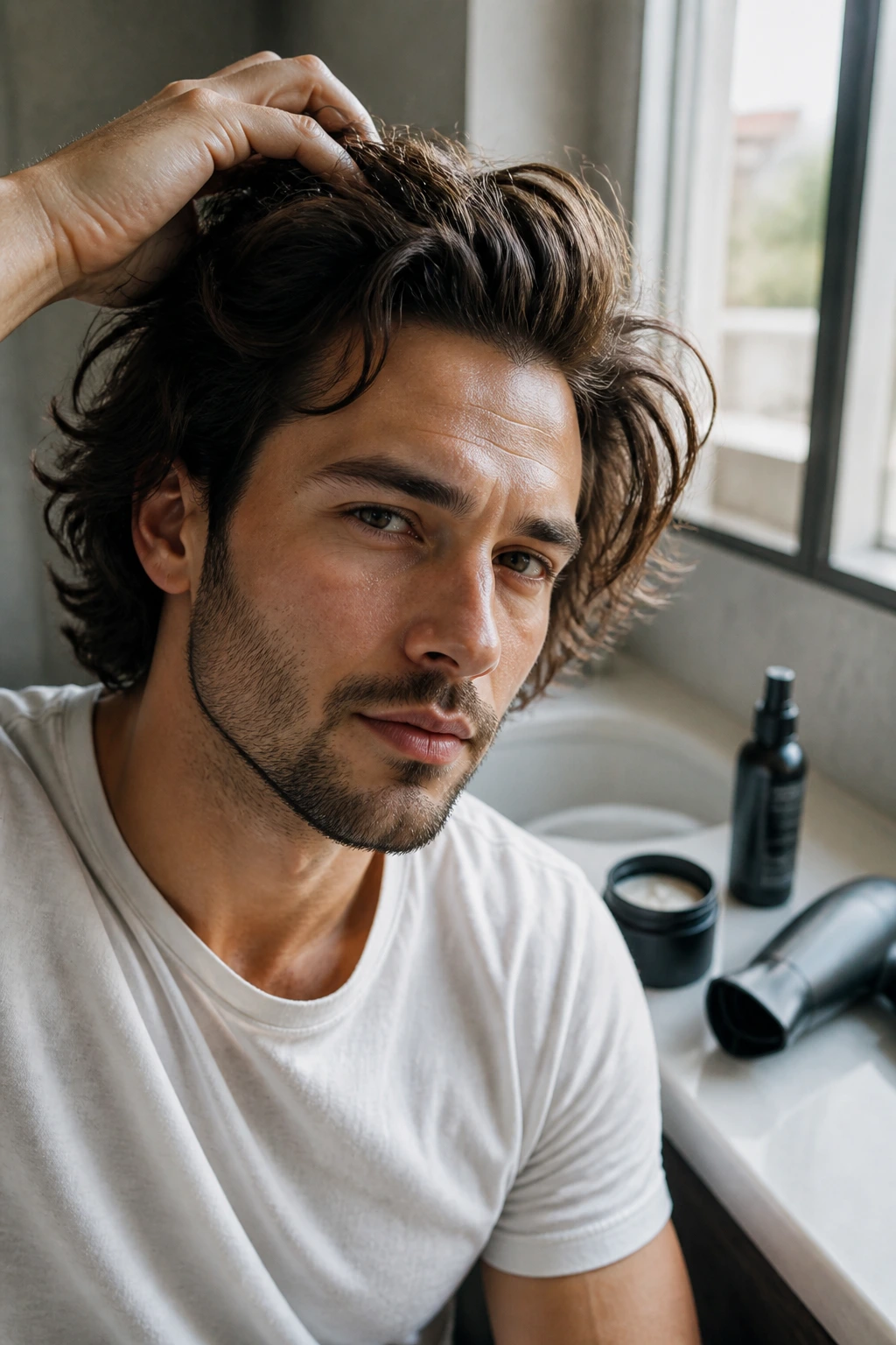 Man with medium-length hair using styling tools in a bathroom background