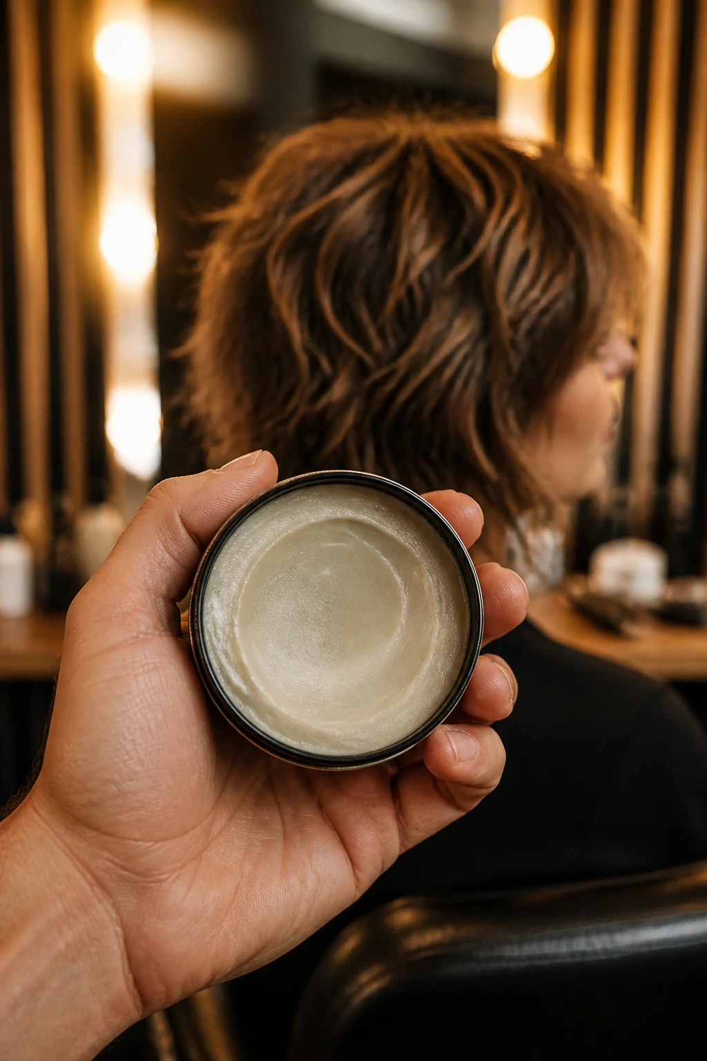 Close-up of styling tool ready for shaping squared-off shag in a salon setting