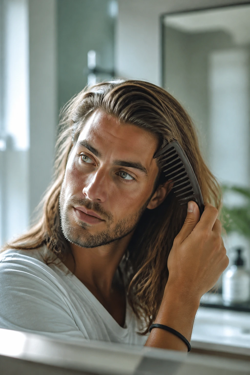Man using a wide-tooth comb to style long hair in a bright bathroom