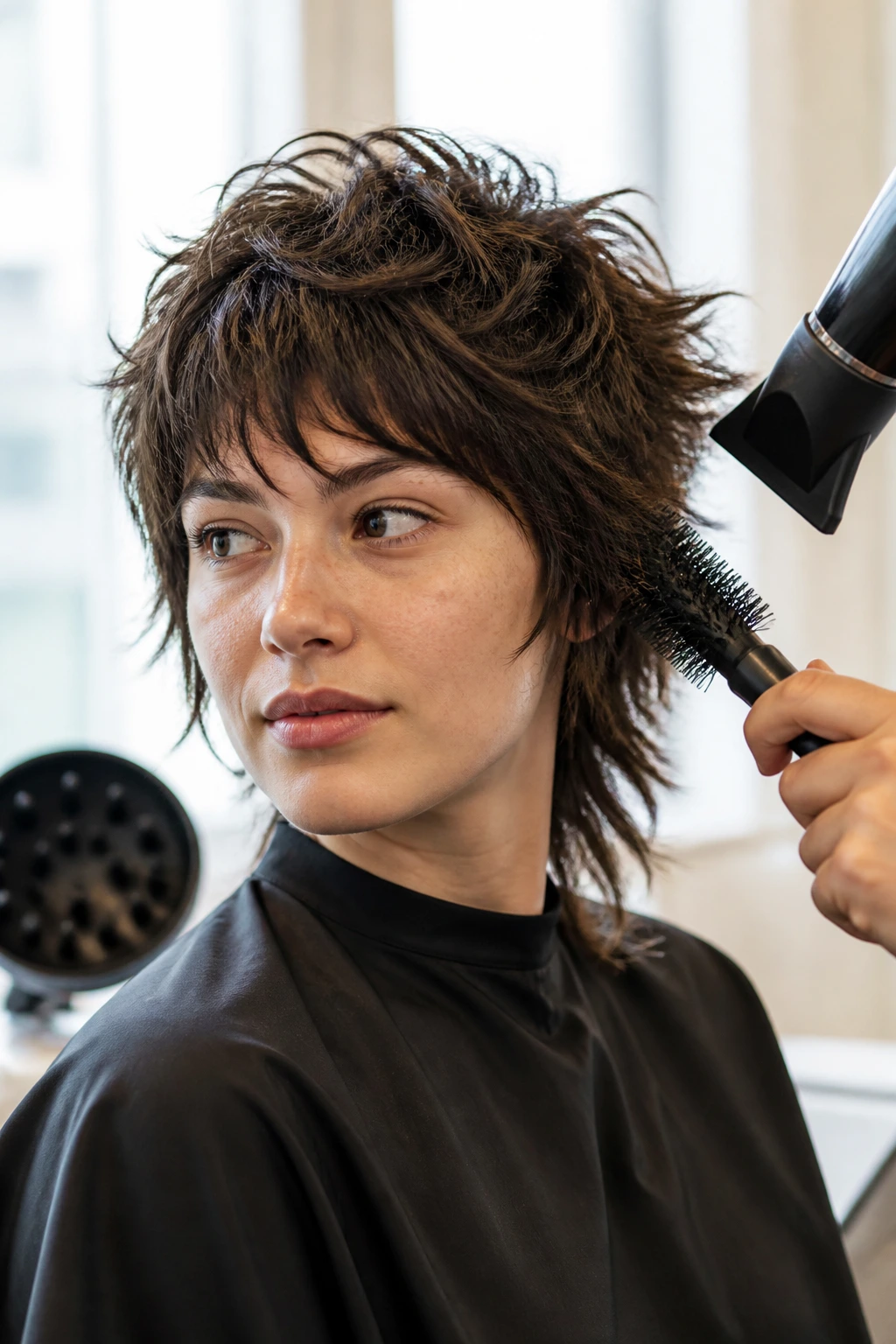 Real person in salon with styling tools ready to use near thick hair.