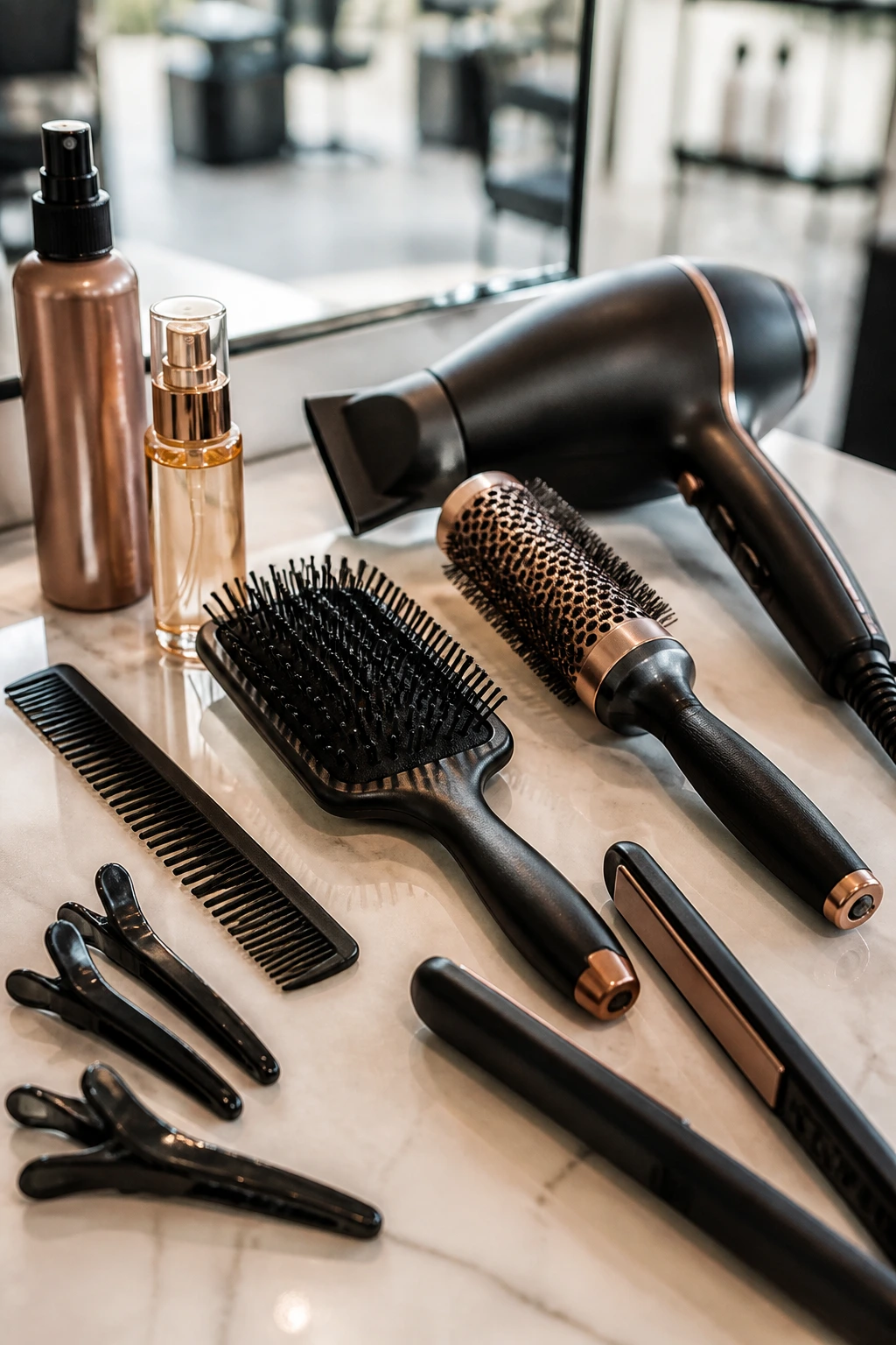 Close-up of essential styling tools arranged on a salon counter