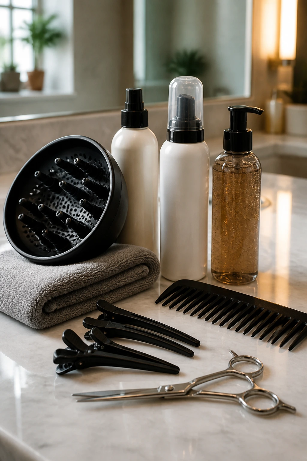 Close-up of styling tools on a bathroom counter: diffuser, comb, clips, and products.