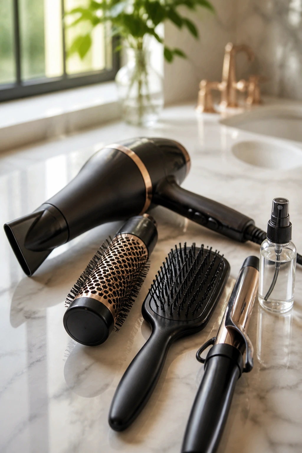 Close-up of essential styling tools for layered hair on a bathroom counter