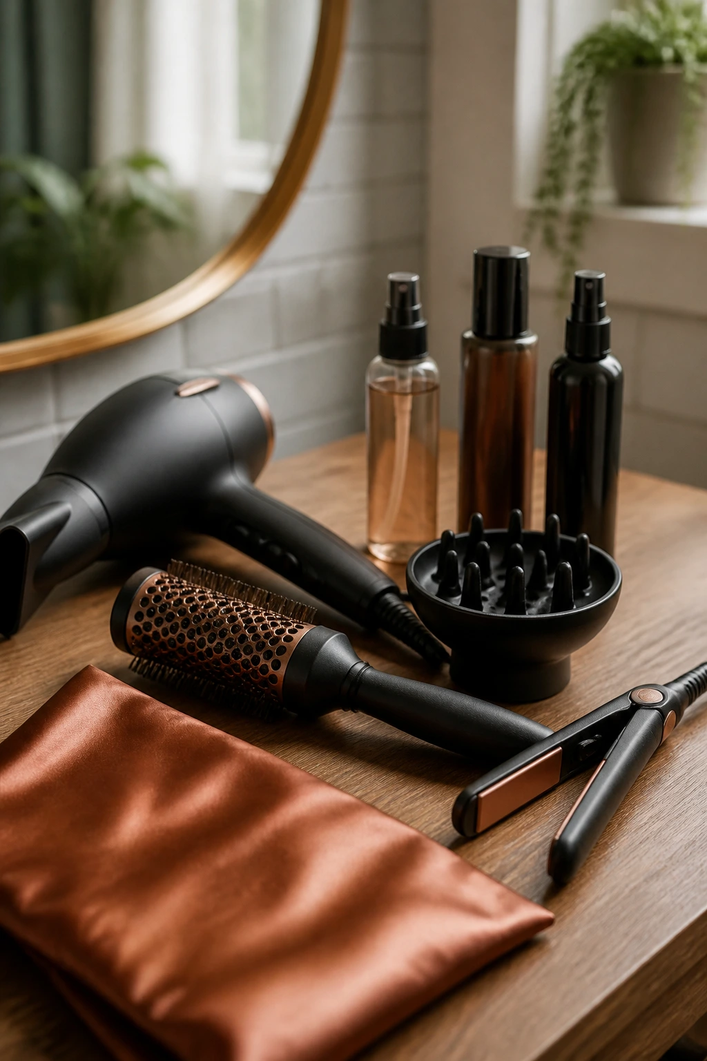 Still life of unlabeled hair styling tools on a wooden vanity.