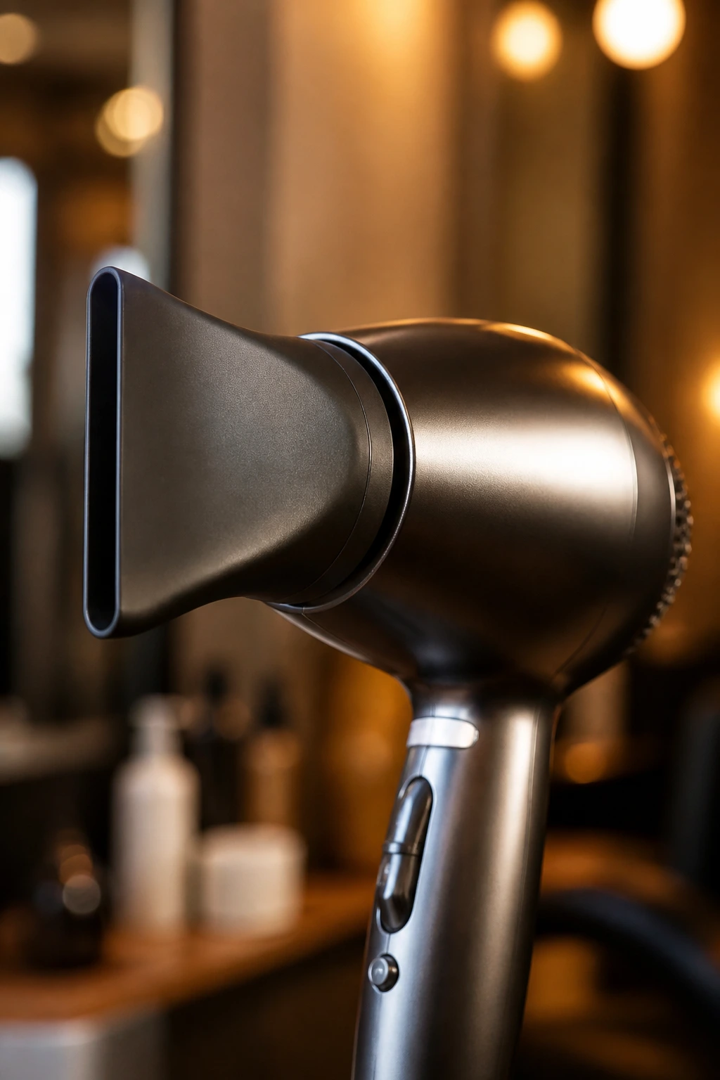 Close-up of a blow-dryer with nozzle in a real salon setting.