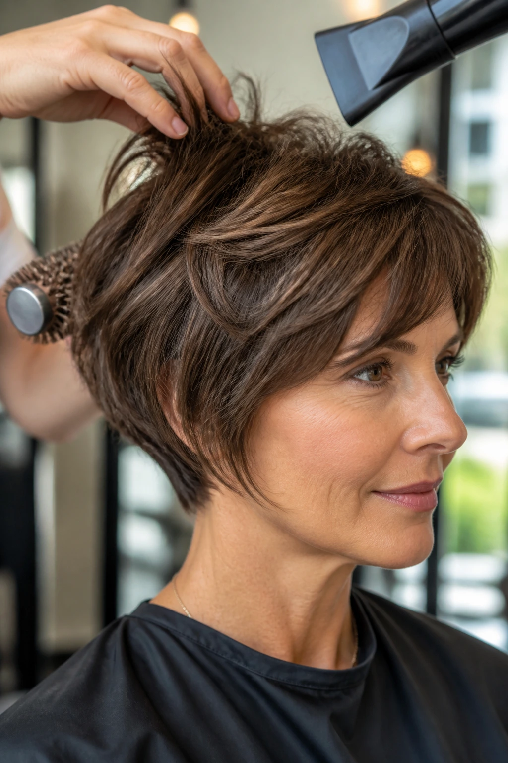 Real person with pixie bob in salon using a round brush and dryer