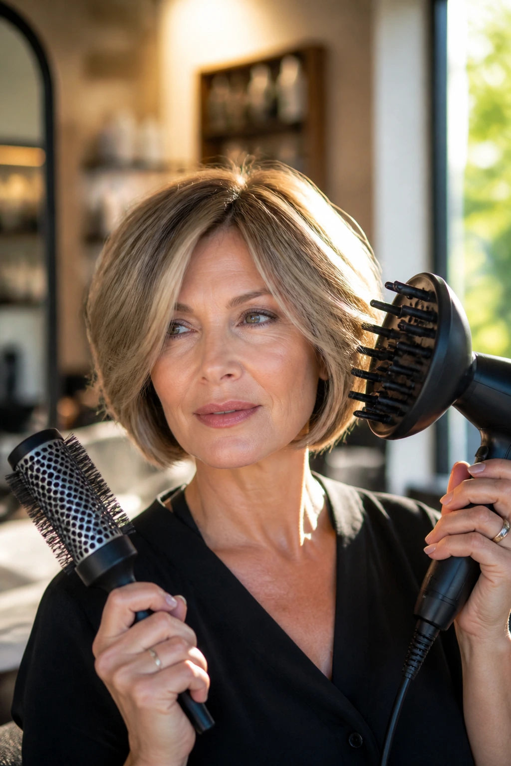 Close-up of a real person with a modern bob using styling tools