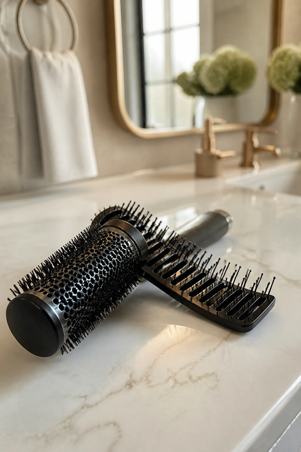 Close-up of a round brush and vent brush on a bathroom vanity for pixie styling