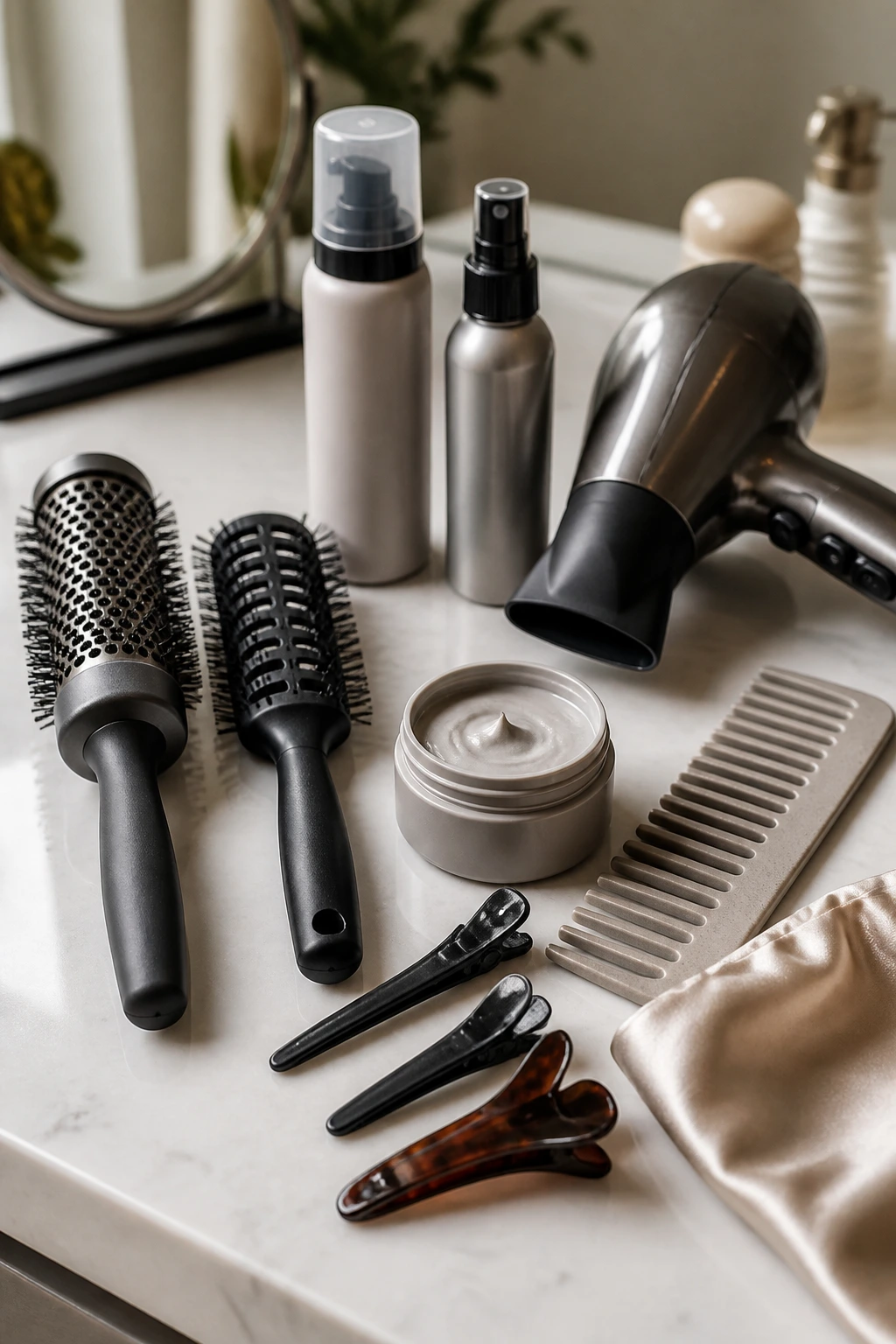 Close-up of styling tools arranged on a counter