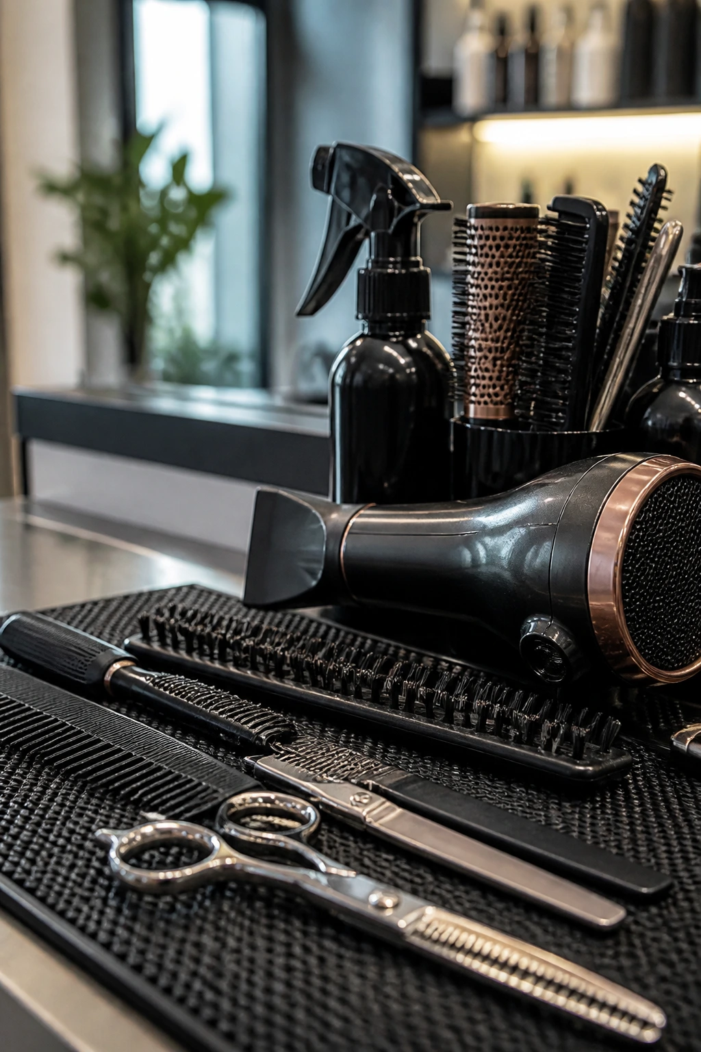 Close-up of professional hair styling tools on a counter in a salon.