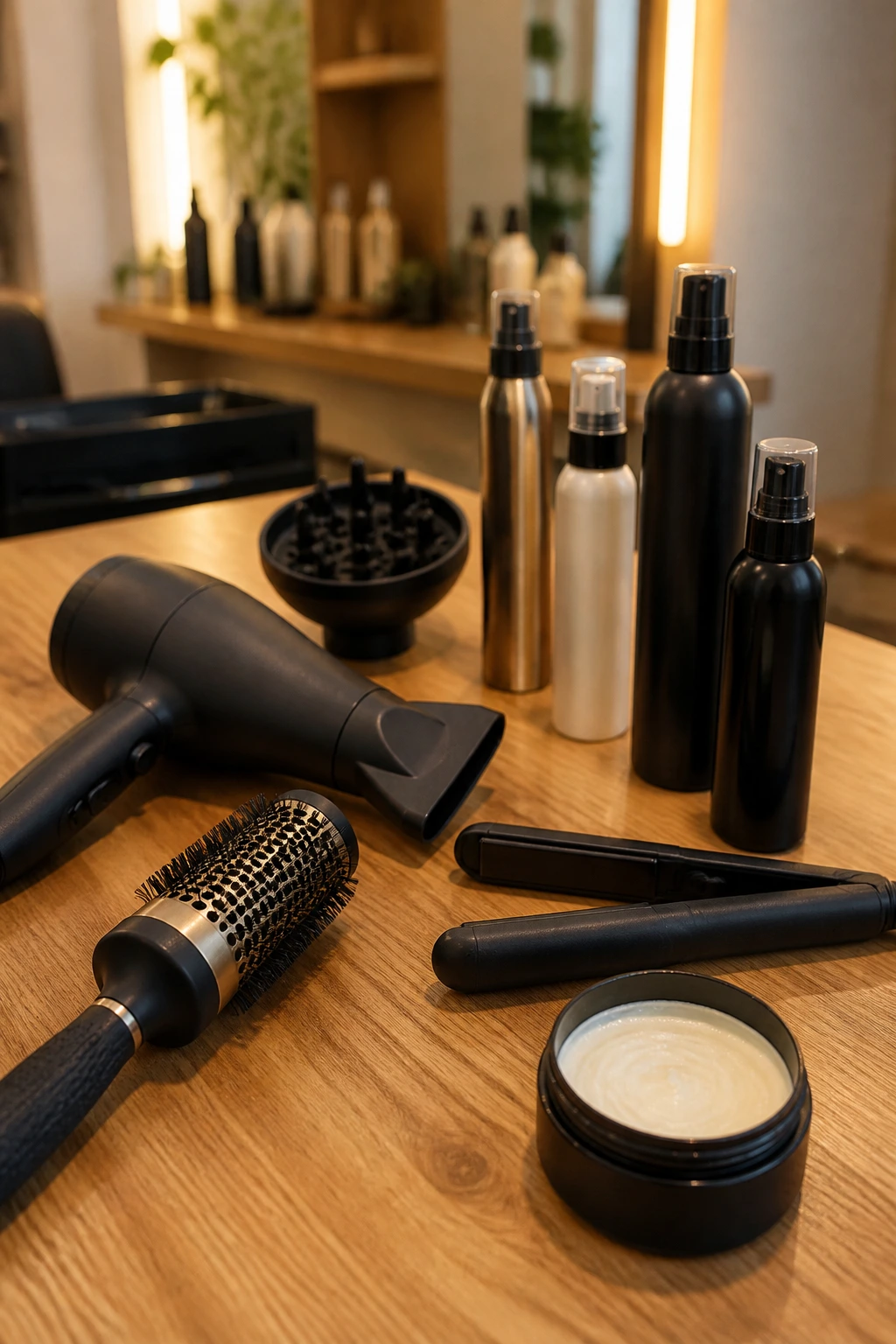 Close-up of essential hair styling tools at a salon station