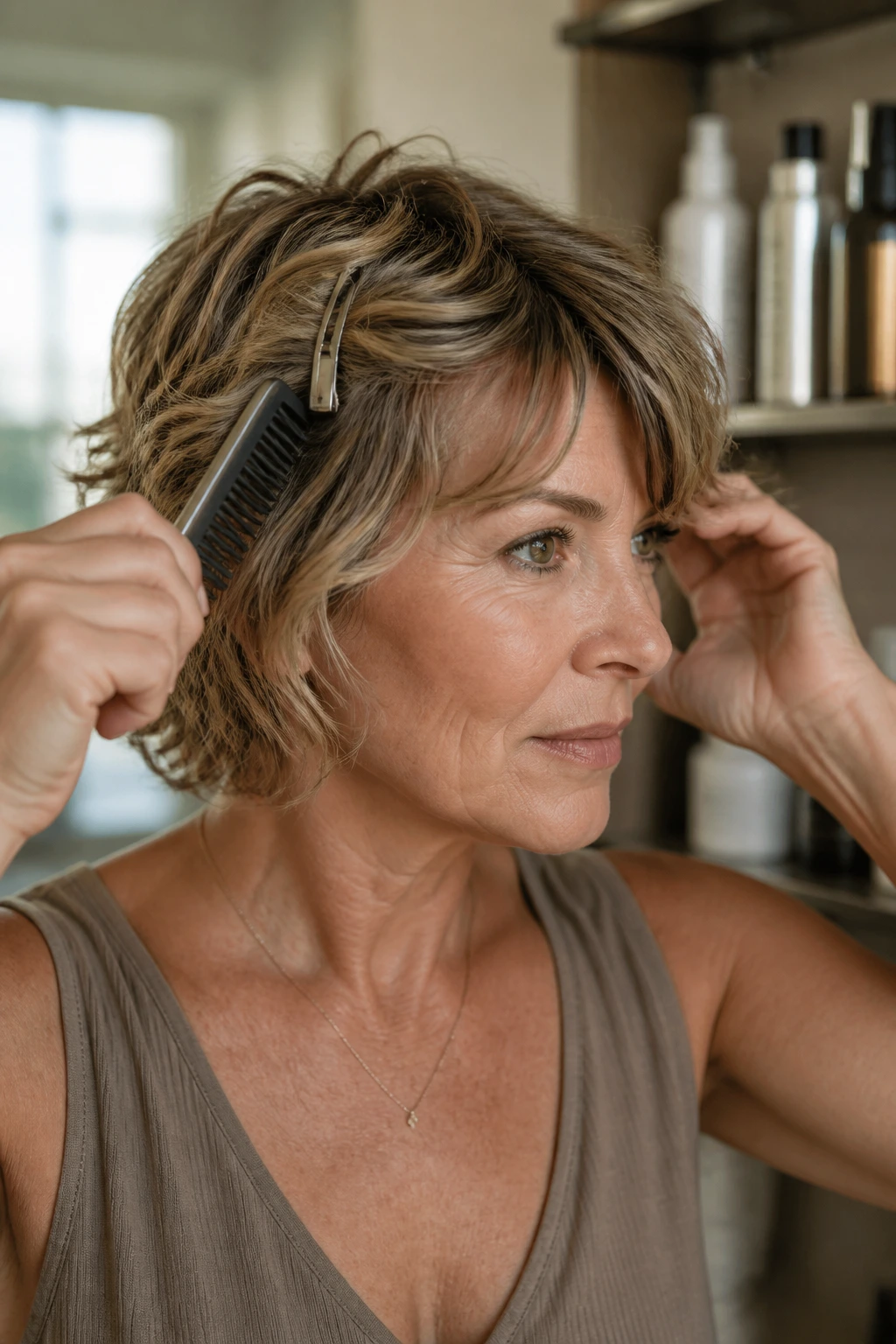 Woman with short shag using comb and clips, product shelf blurred behind