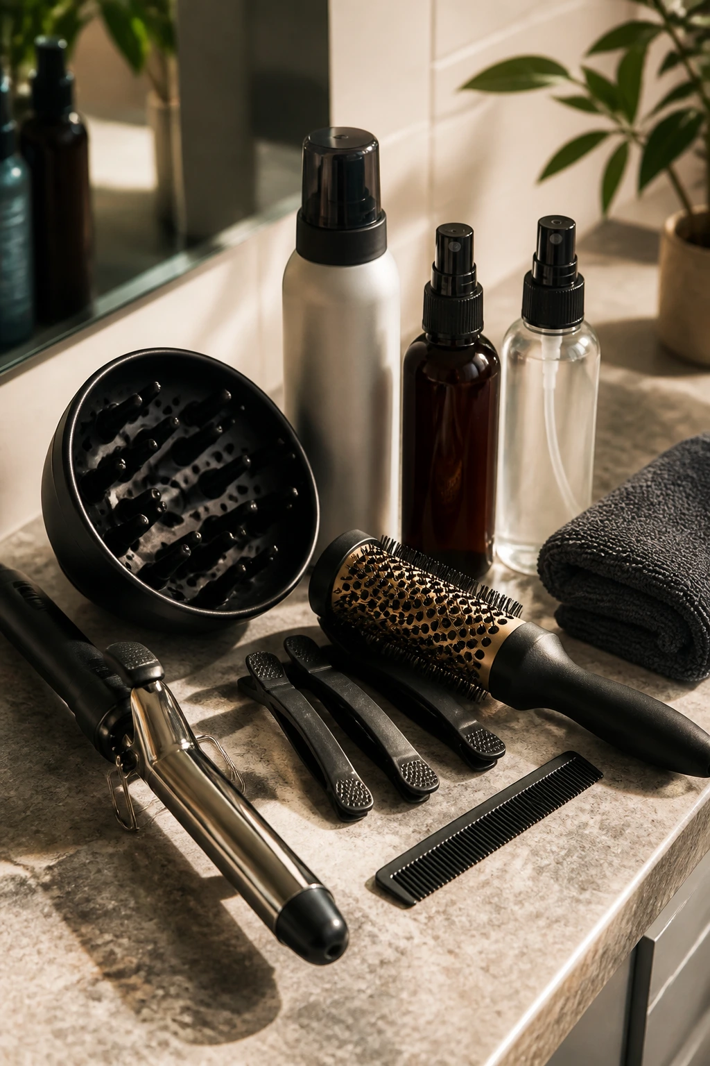 Close-up still life of essential styling tools for short thick waves on a clean counter.