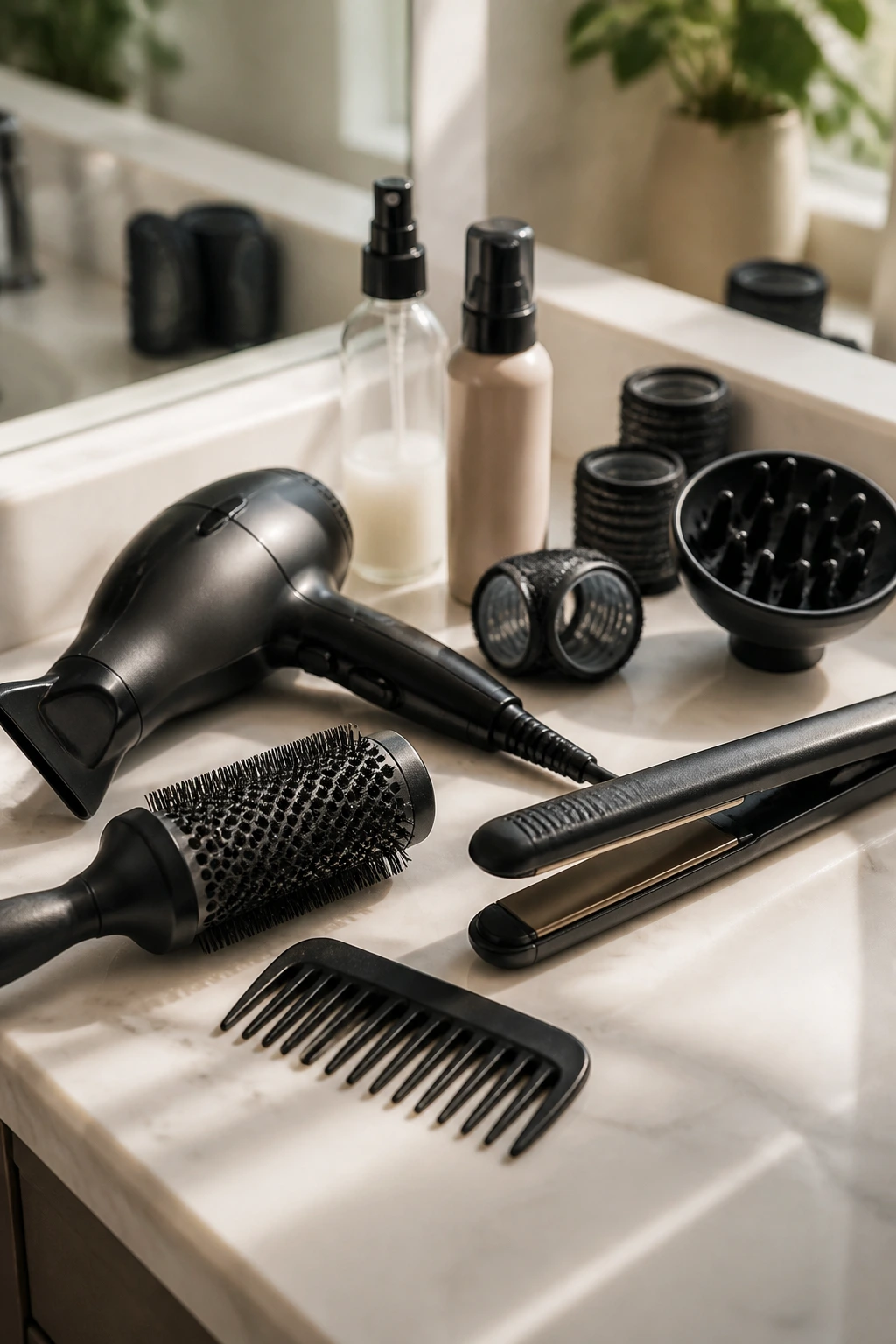 Close-up of essential styling tools for shoulder-length hair with middle-part bangs