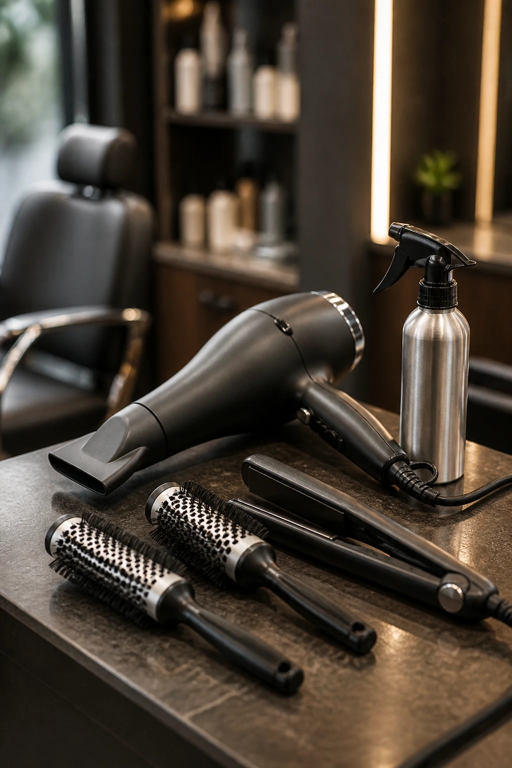 Salon's styling tools for silver bob arranged on a counter at a station.