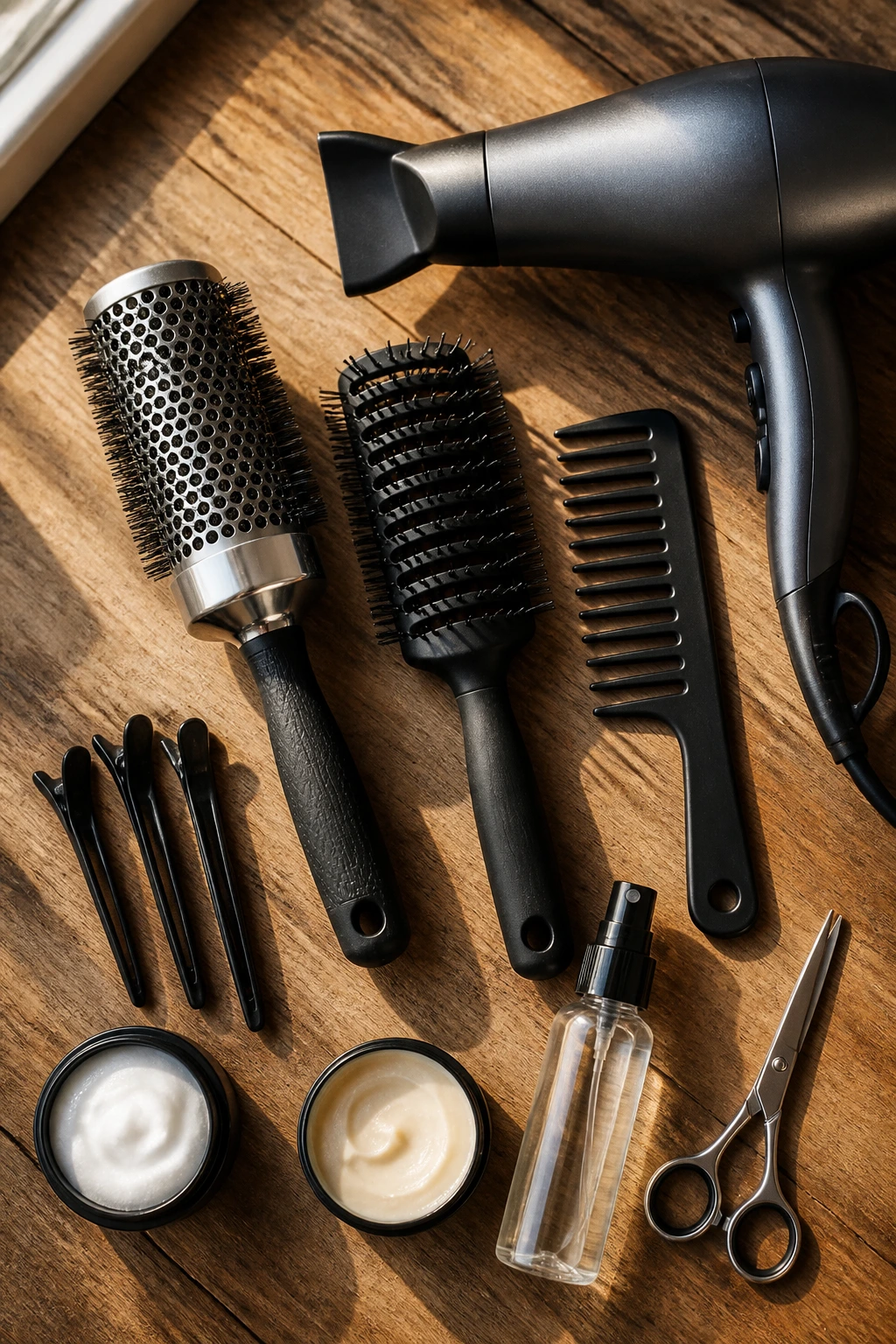 Top-down view of essential styling tools for thick hair arranged on a wooden surface.