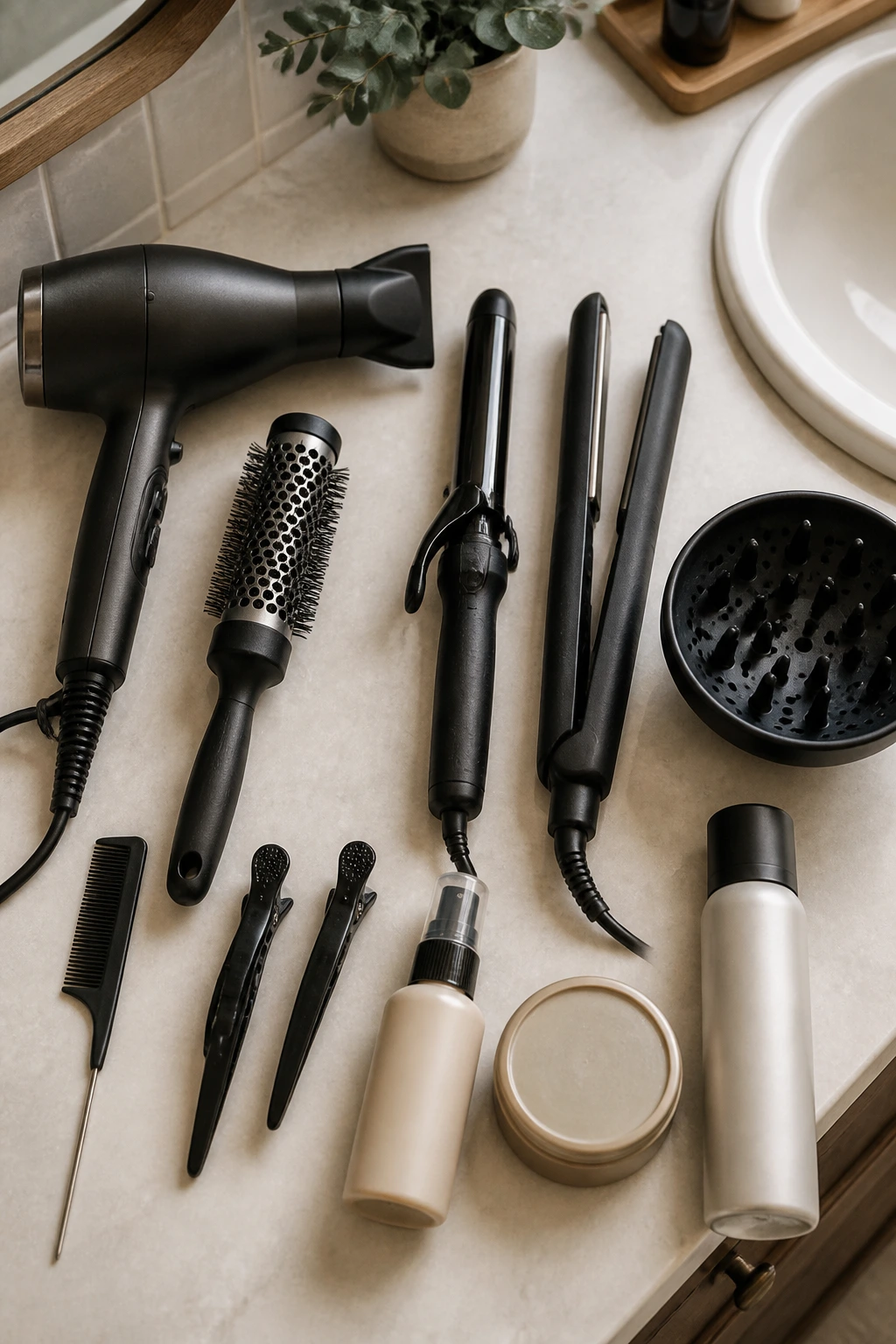 Top-down view of hairstyling tools arranged on a vanity