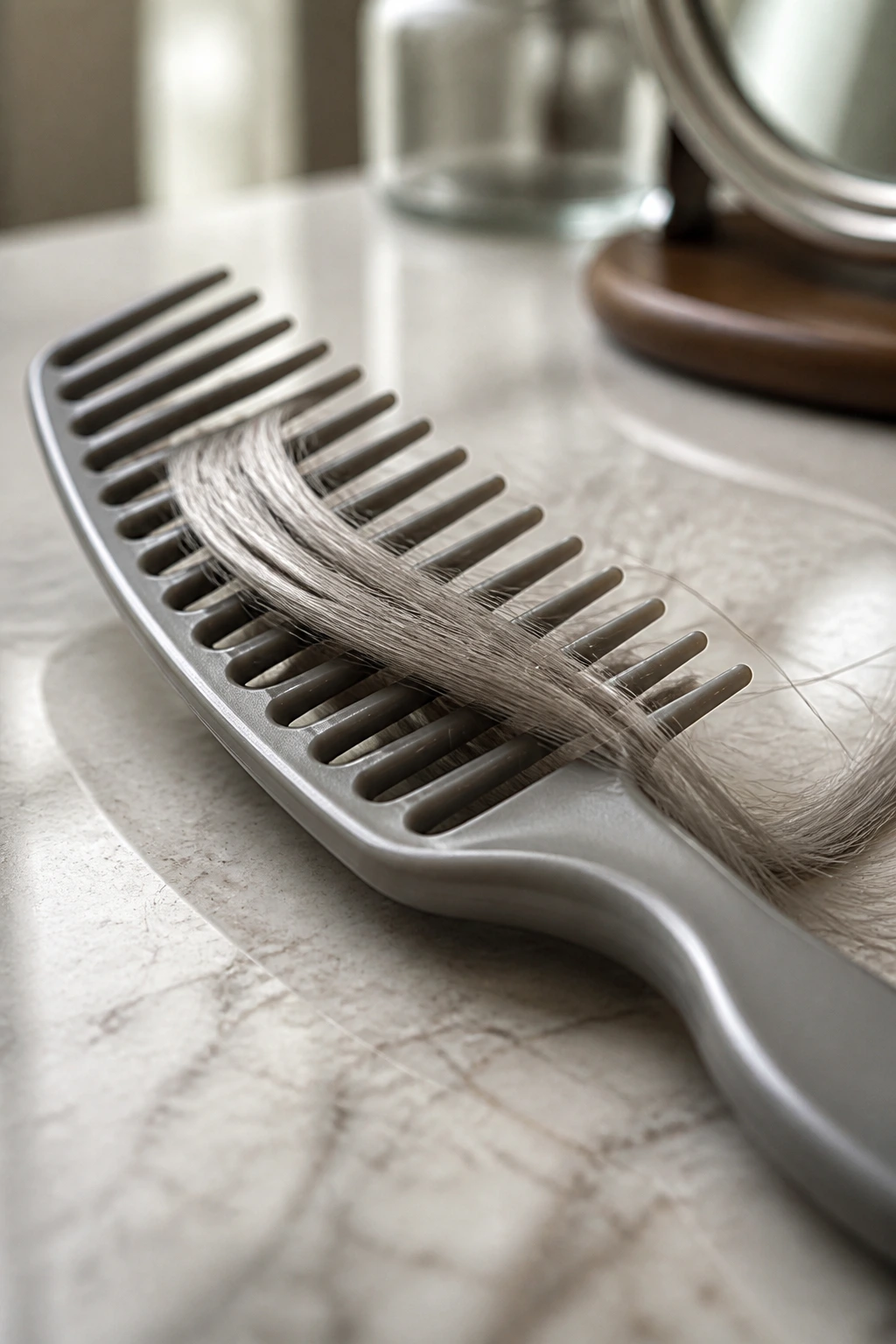 Close-up of a wide-tooth comb with a strand of gray hair on a vanity counter