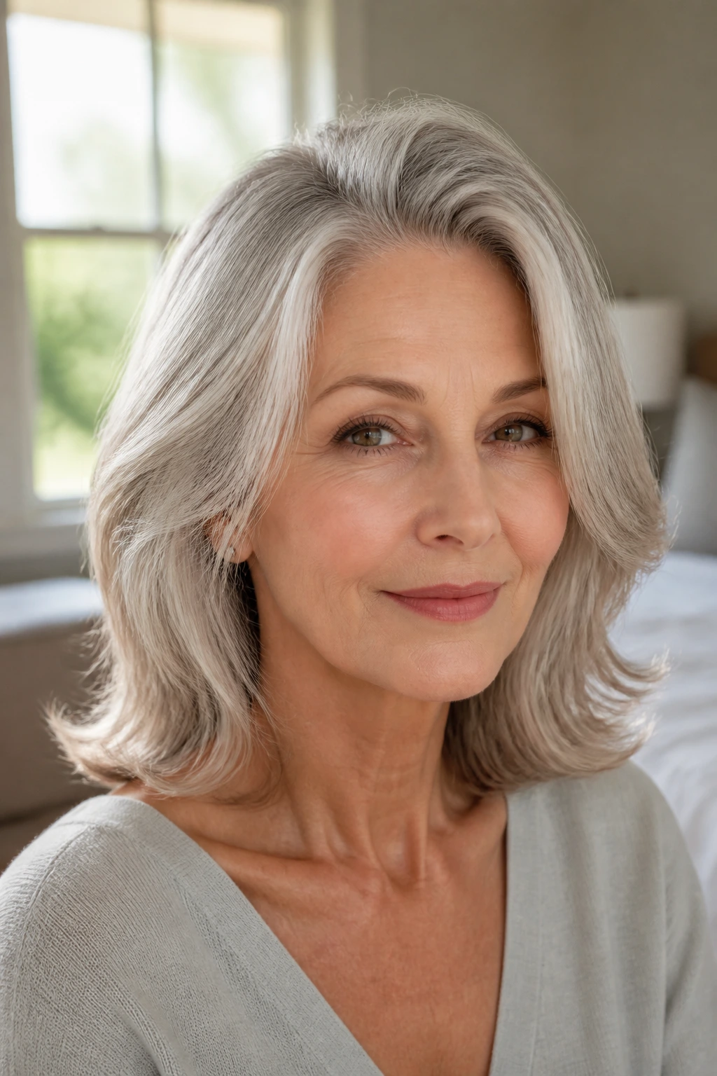 Close-up of a real woman with silver hair showing root lift and face-softening styling