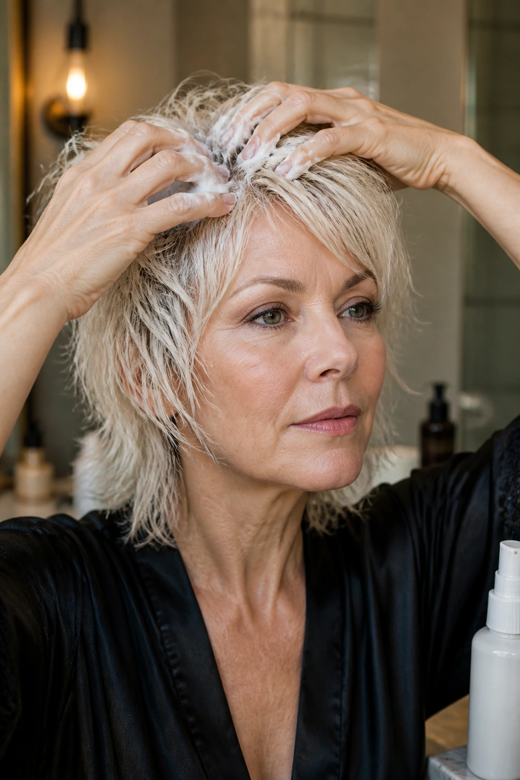 Real person styling platinum wolf cut with mousse in a bathroom/salon setting