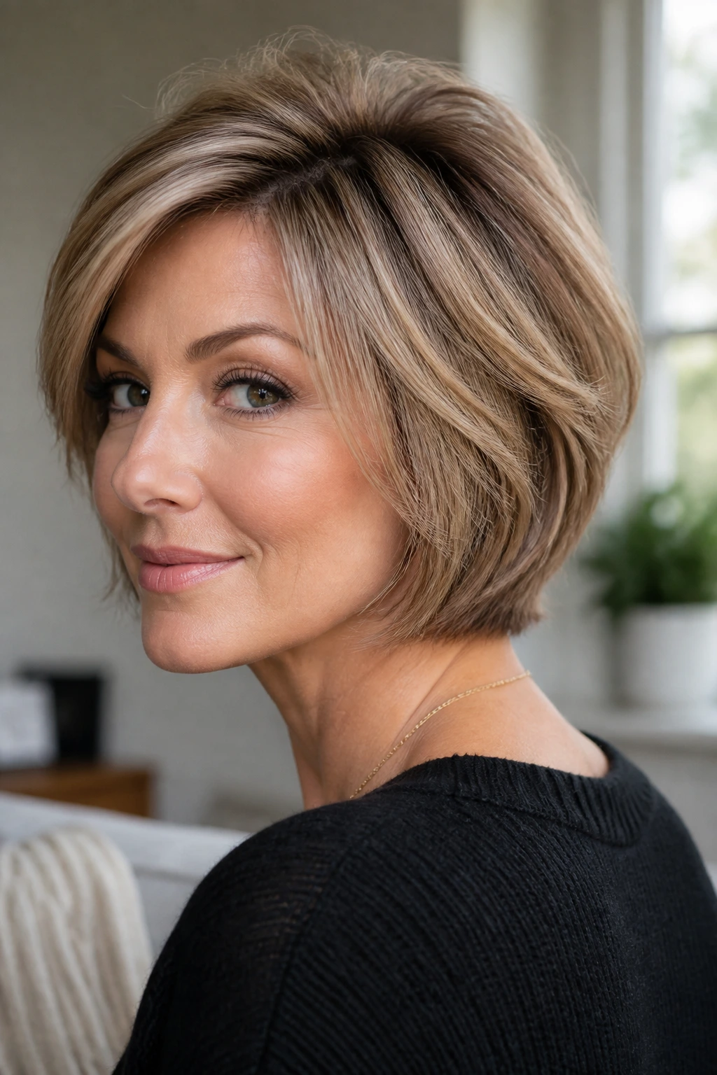 Real person with short layered hair styled for body and swing