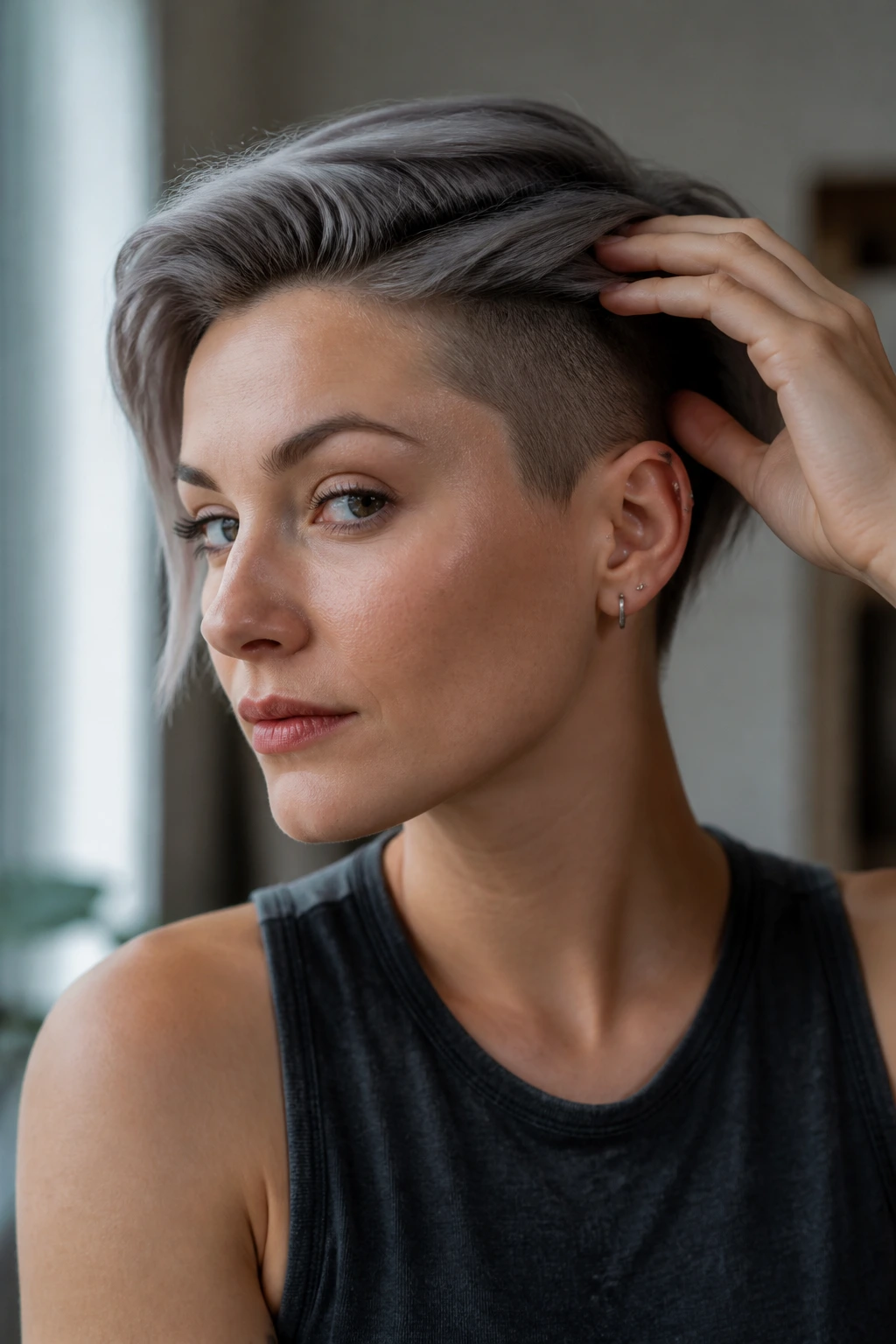 Close-up of a woman styling an undercut by tucking hair to reveal underlayer