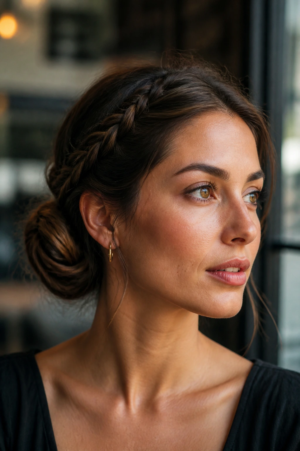 Close-up of a real woman with a stylish long-hair updo in a cafe-like setting