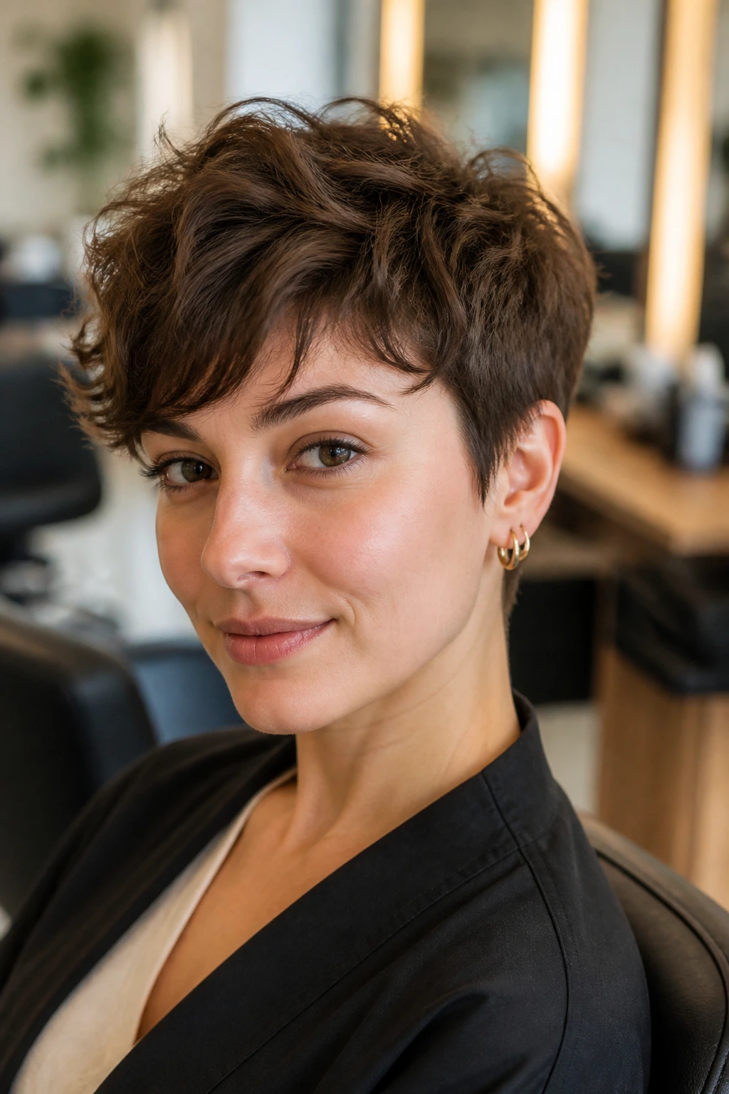 Close-up of a person in a salon chair with a pixie cut, ready to discuss the cut.