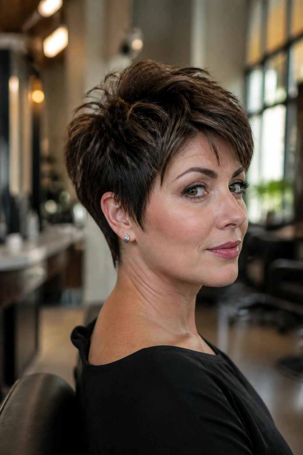 Portrait of a woman with pixie cut in a salon chair three-quarter profile