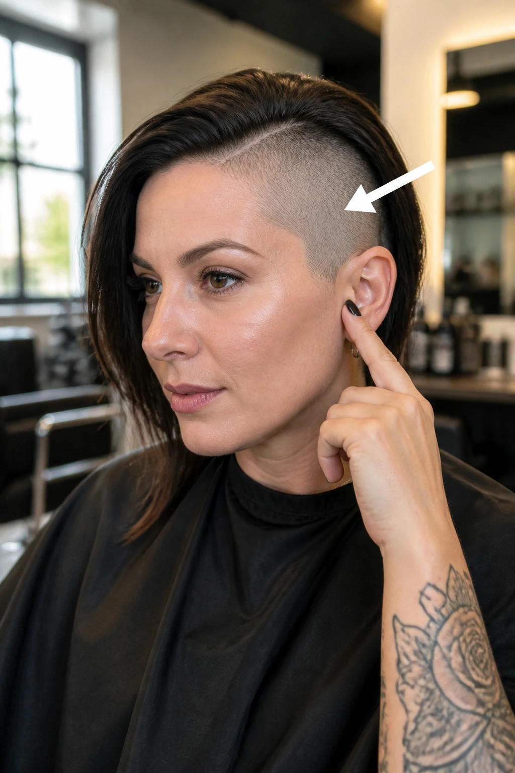 Close-up of a real person in a salon chair with a shaved side, illustrating how to brief a stylist.