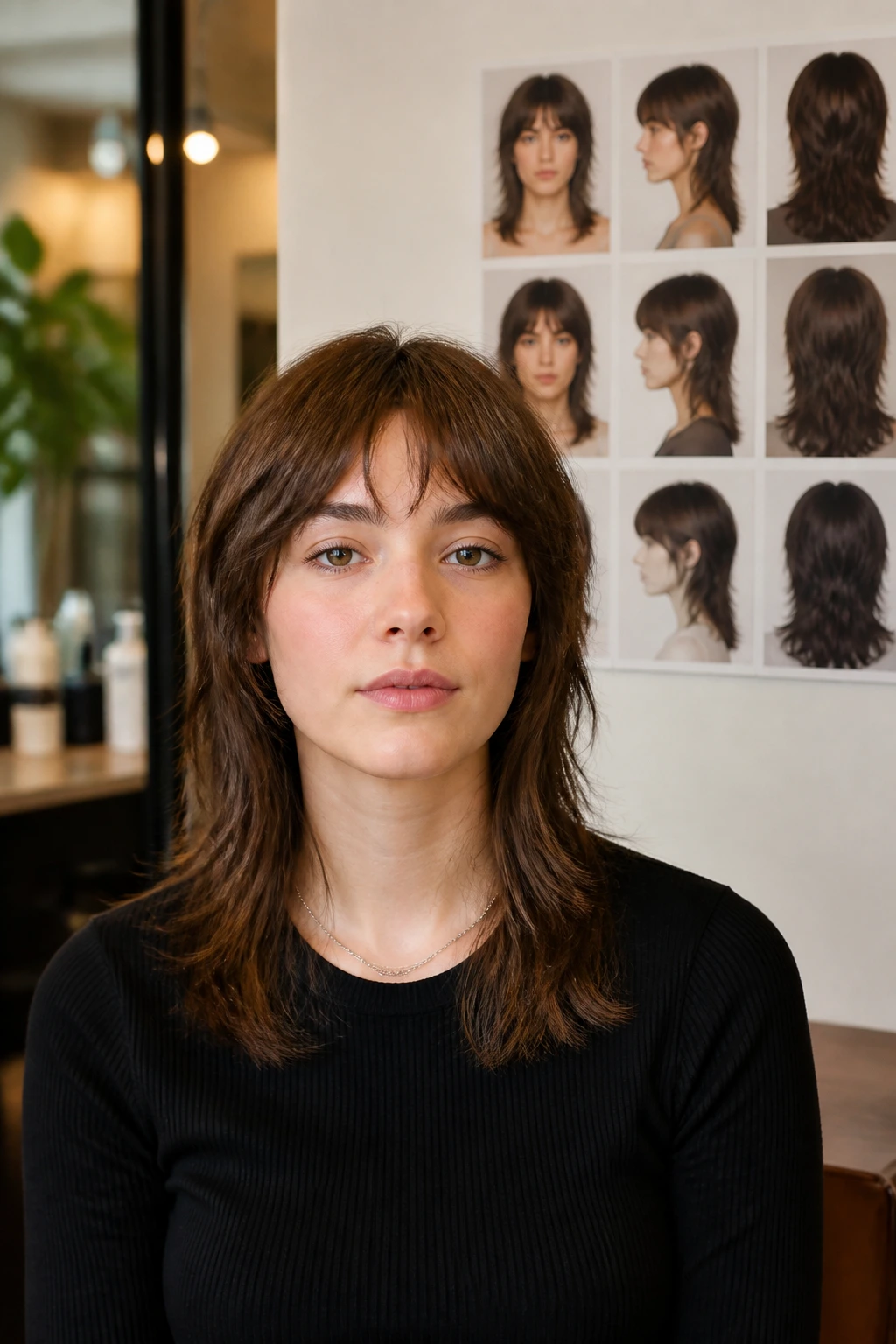 Portrait of person briefing stylist with mullet photos in salon setting