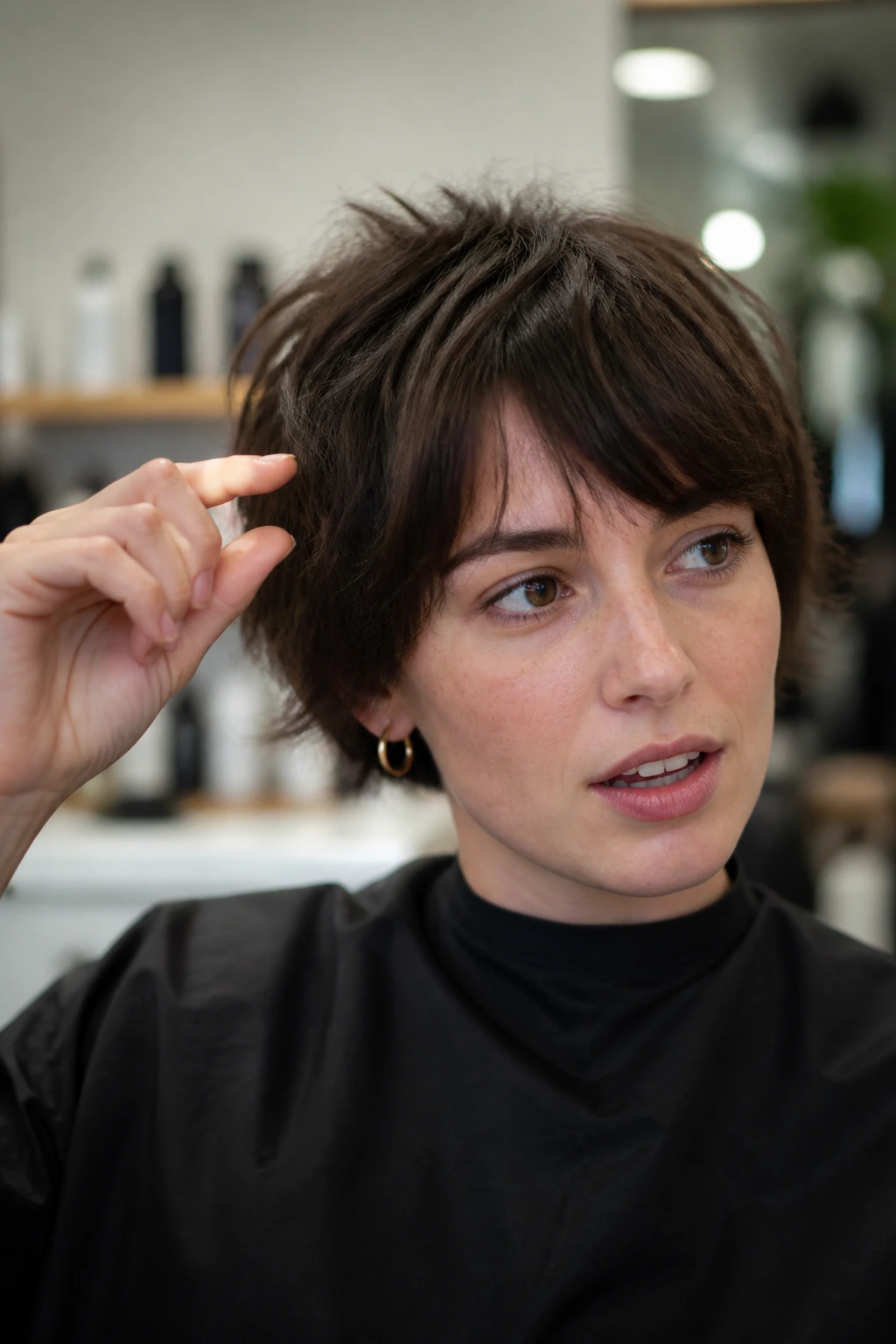 Close-up portrait of a person briefing a stylist about a haircut.