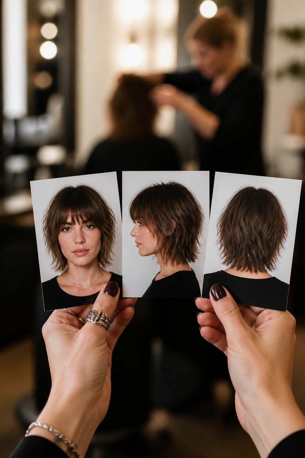 Hands holding three reference photos during a salon consultation