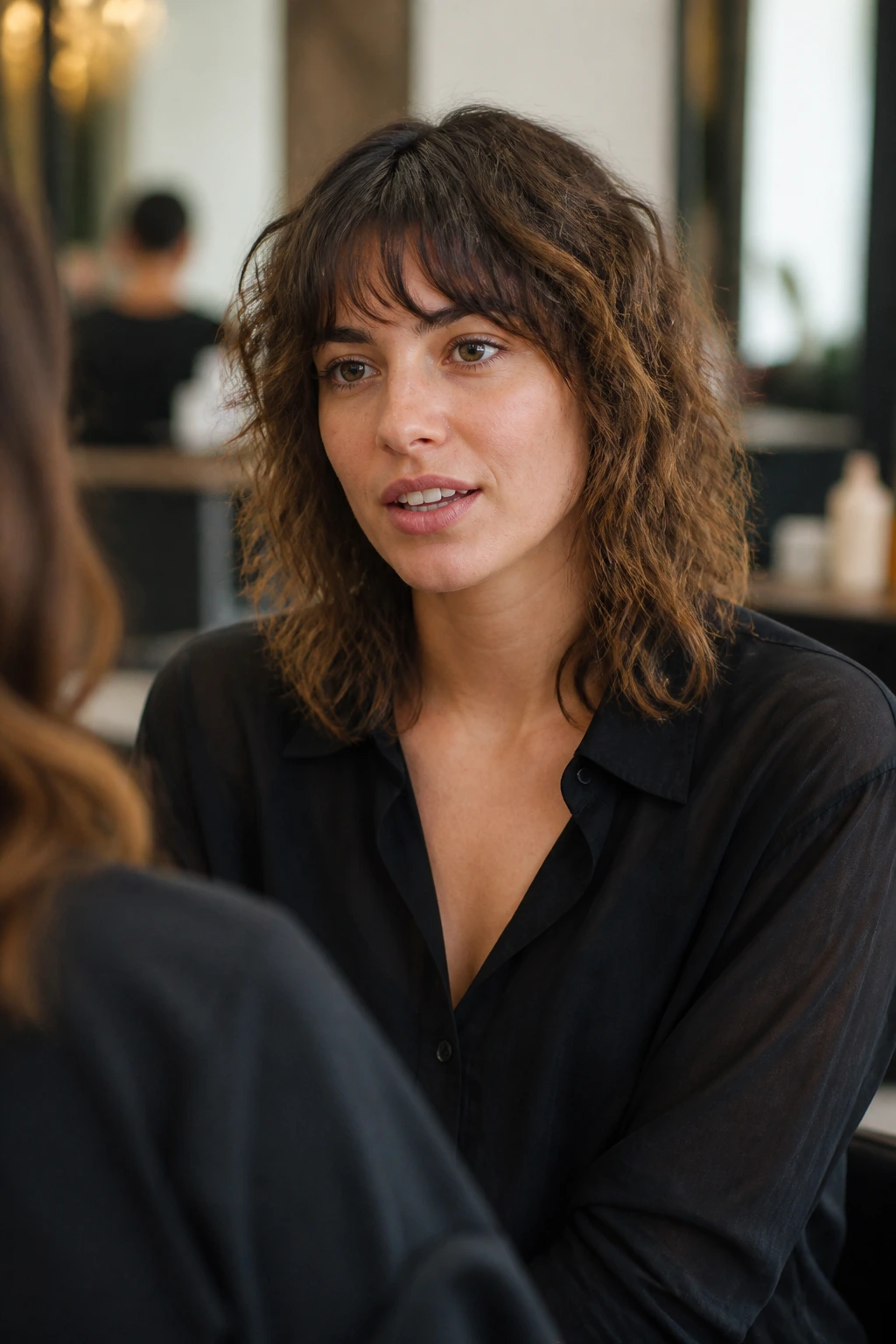 Portrait of a real person in a salon chair, calm expression, discussing hairstyle