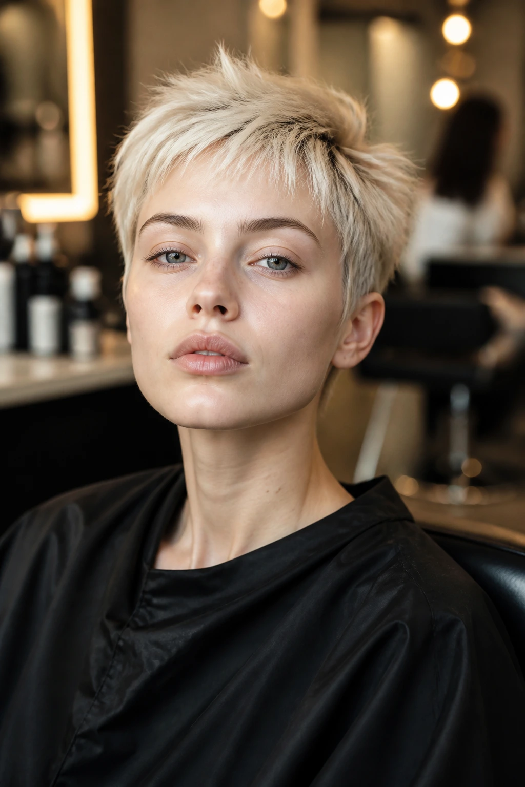 Close-up of a real person in a salon chair with short bleached hair
