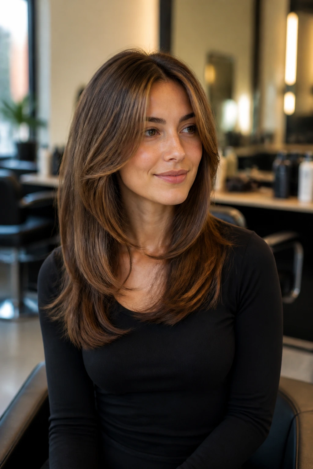 Real woman seated in salon chair discussing hairstyle