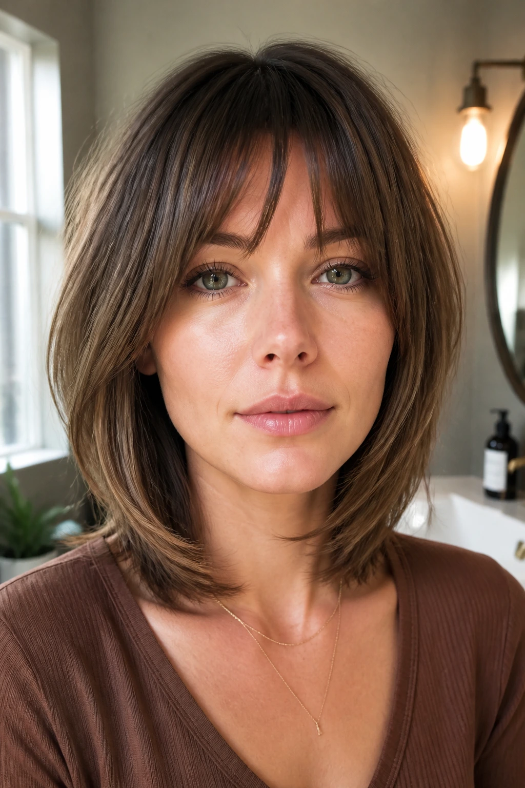 Portrait of a woman with a crisp layered cut and bangs in warm lighting