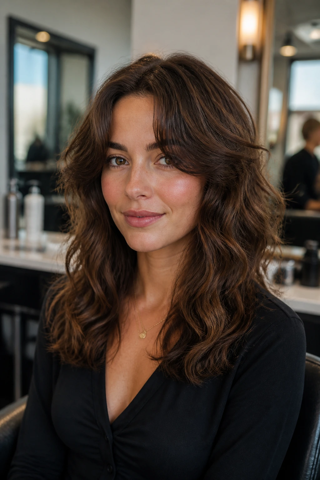 Real person in a salon chair with prepared hair and ready for stylist guidance