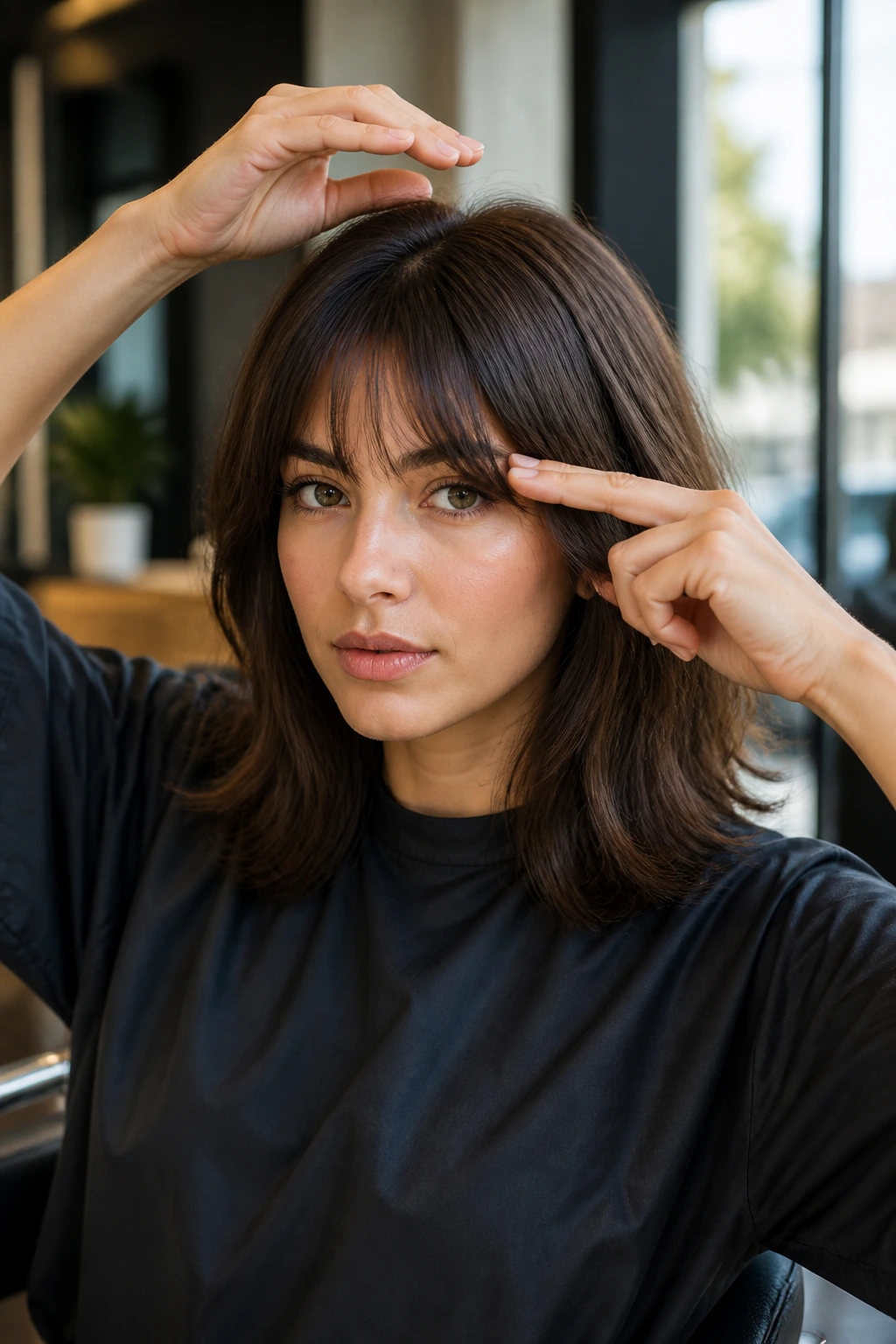 Real person in a salon explaining haircut with hand gestures