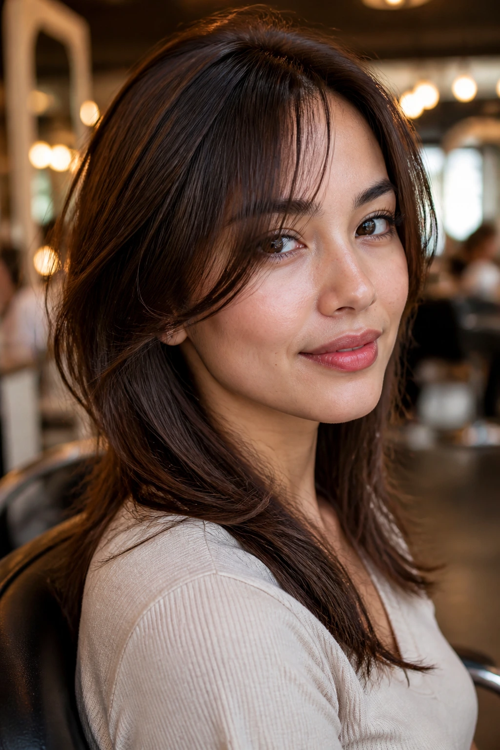 Close-up portrait of a real person with wispy side bangs in a salon setting