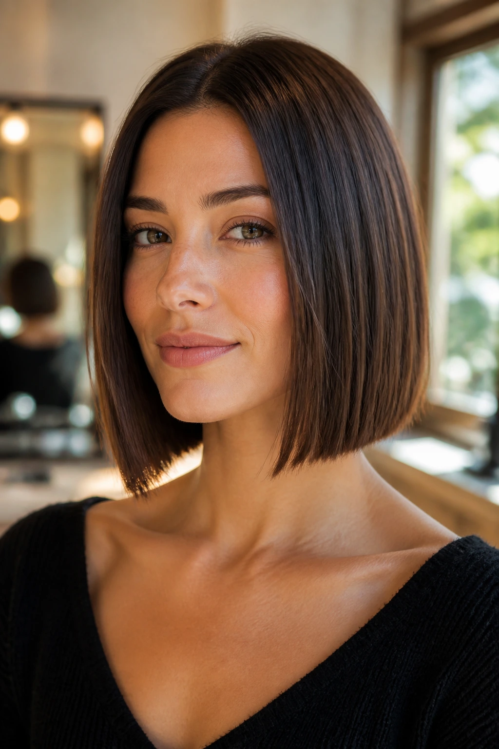 Portrait of a woman with blunt bob, ready for a trim, in a calm salon setting
