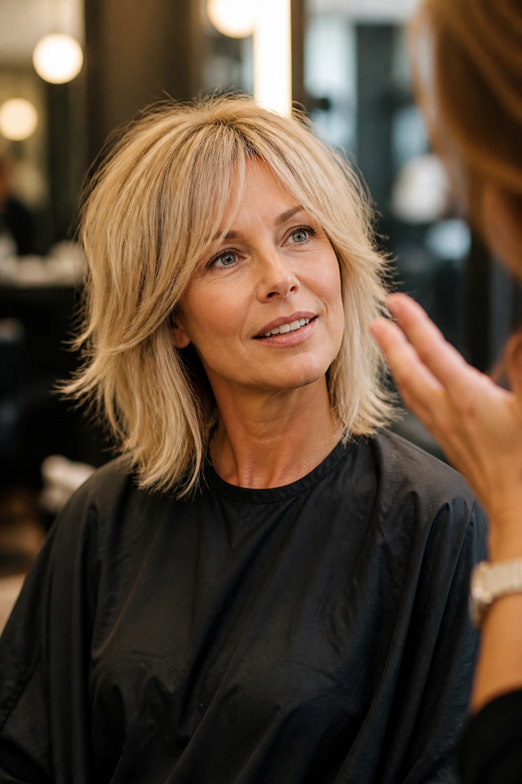 Client in salon chair discussing movement and perimeter with stylist.